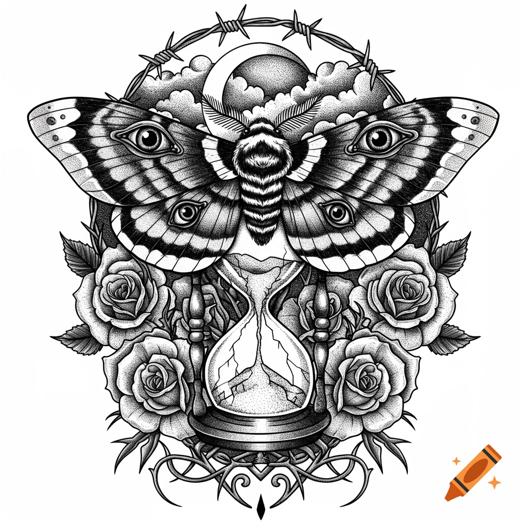 Blackwork tattoo sketch of a moth with eyes on its wings, over a cracked hourglass, roses, moon, and barbed wire in a gothic surreal style.