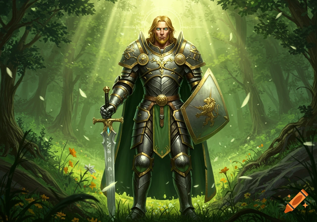 A male paladin in ornate plate armor, green cape, sword, and lion shield stands in a sunlit fantasy forest.