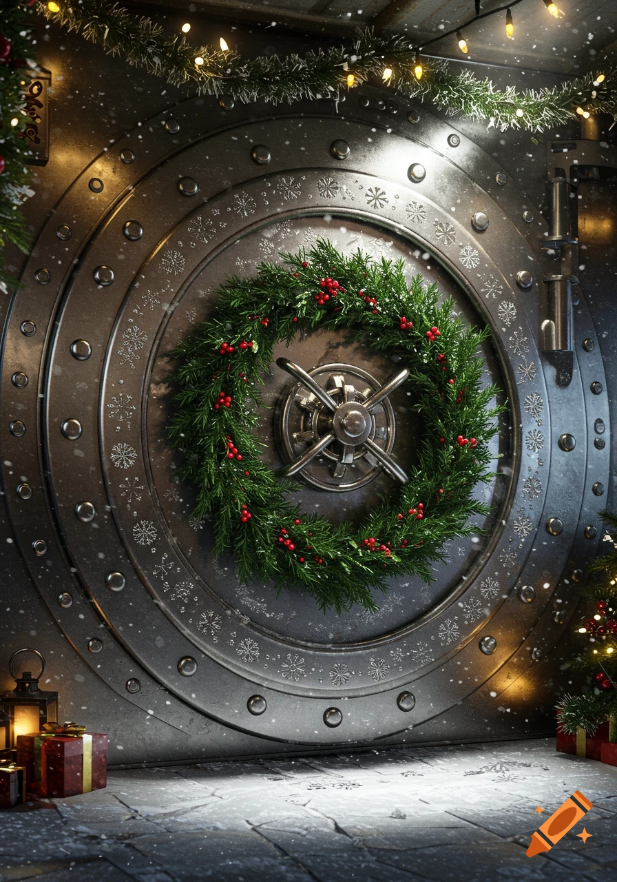 Photorealistic image of a Christmas-decorated bank vault door with a wreath, lights, gifts, and falling snow.