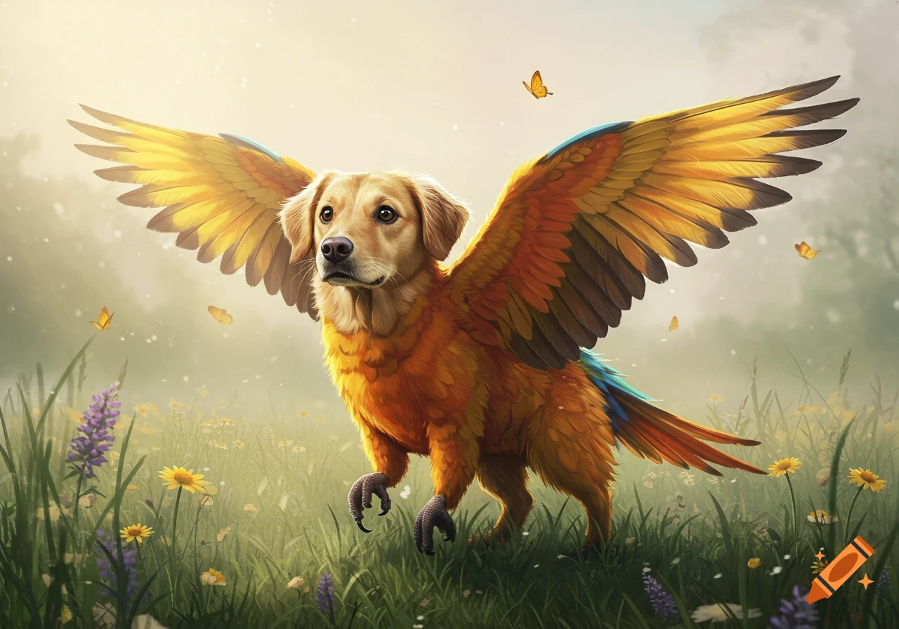 A golden retriever head with a colorful parrot body and wings stands in a sunny field of wildflowers with butterflies.