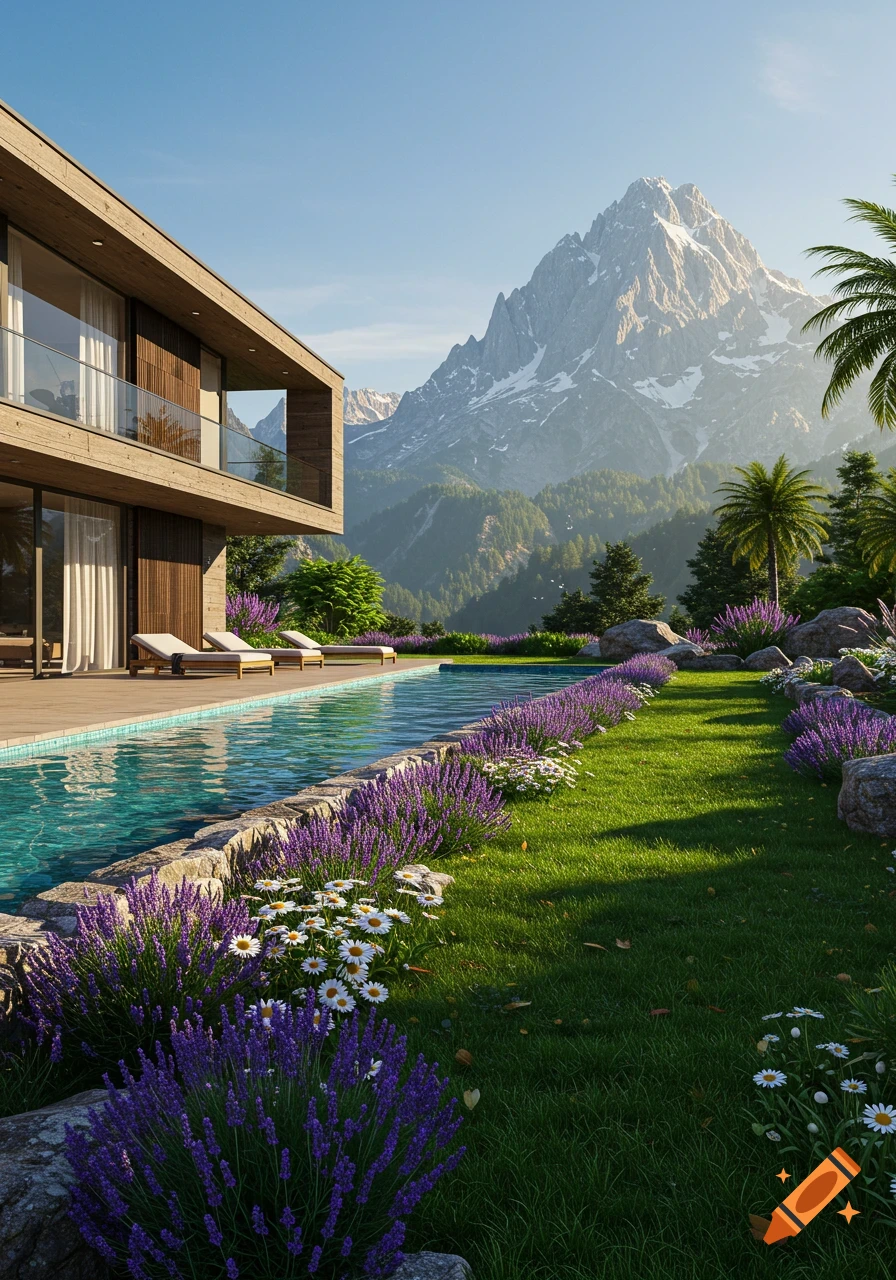 A modern house with a long swimming pool, a garden with purple lavender and white daisies, and majestic snow-capped mountains under a clear sky.
