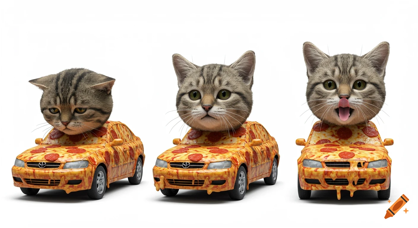 Three photorealistic tabby kitten heads on cars covered in dripping pepperoni pizza, showing sad, neutral, and tongue-out expressions, on a white background.