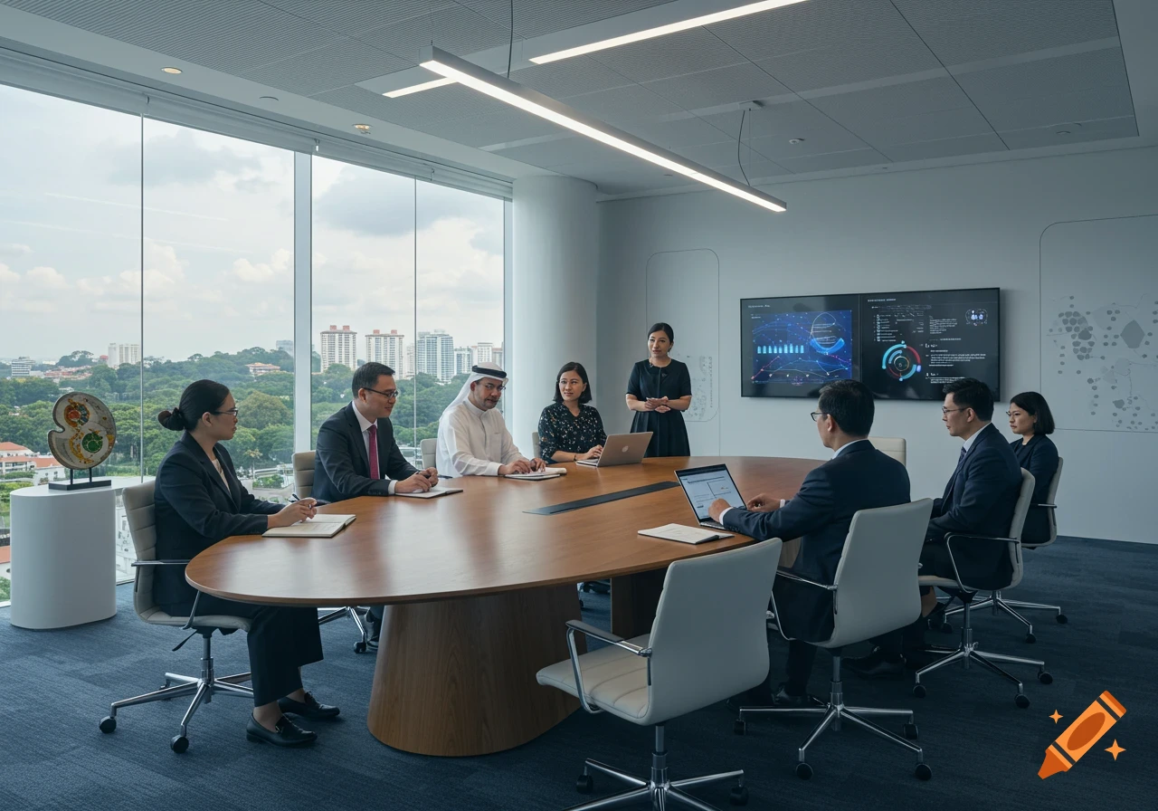 Photorealistic image of a diverse group of business professionals in a modern office meeting room overlooking a city, with one person presenting.