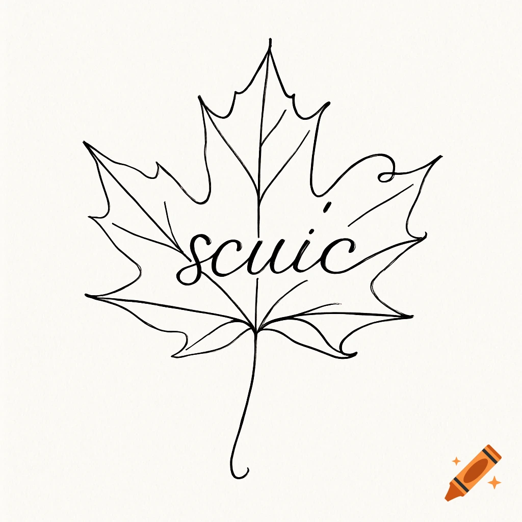 A minimalist black line art drawing of a maple leaf with the word 'scuic' integrated, drawn like a pen sketch on white paper.