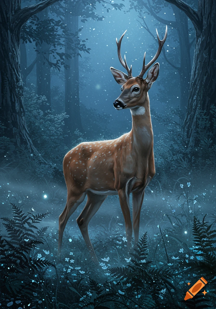 A majestic deer with antlers stands in a magical, dark blue forest with glowing plants and sparkling lights.