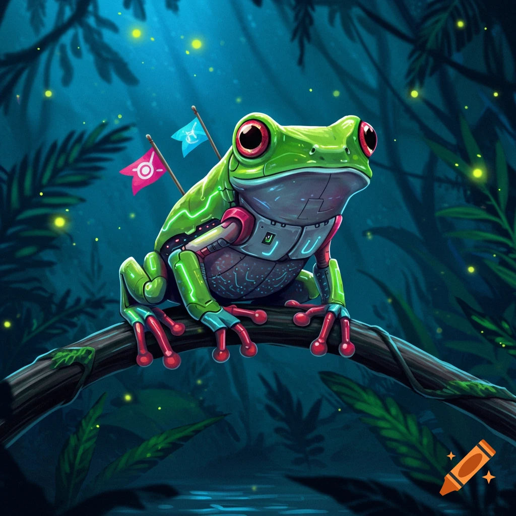 A stylized illustration of a green robotic frog with neon accents and two small flags on its back, sitting on a branch in a dark, glowing jungle.