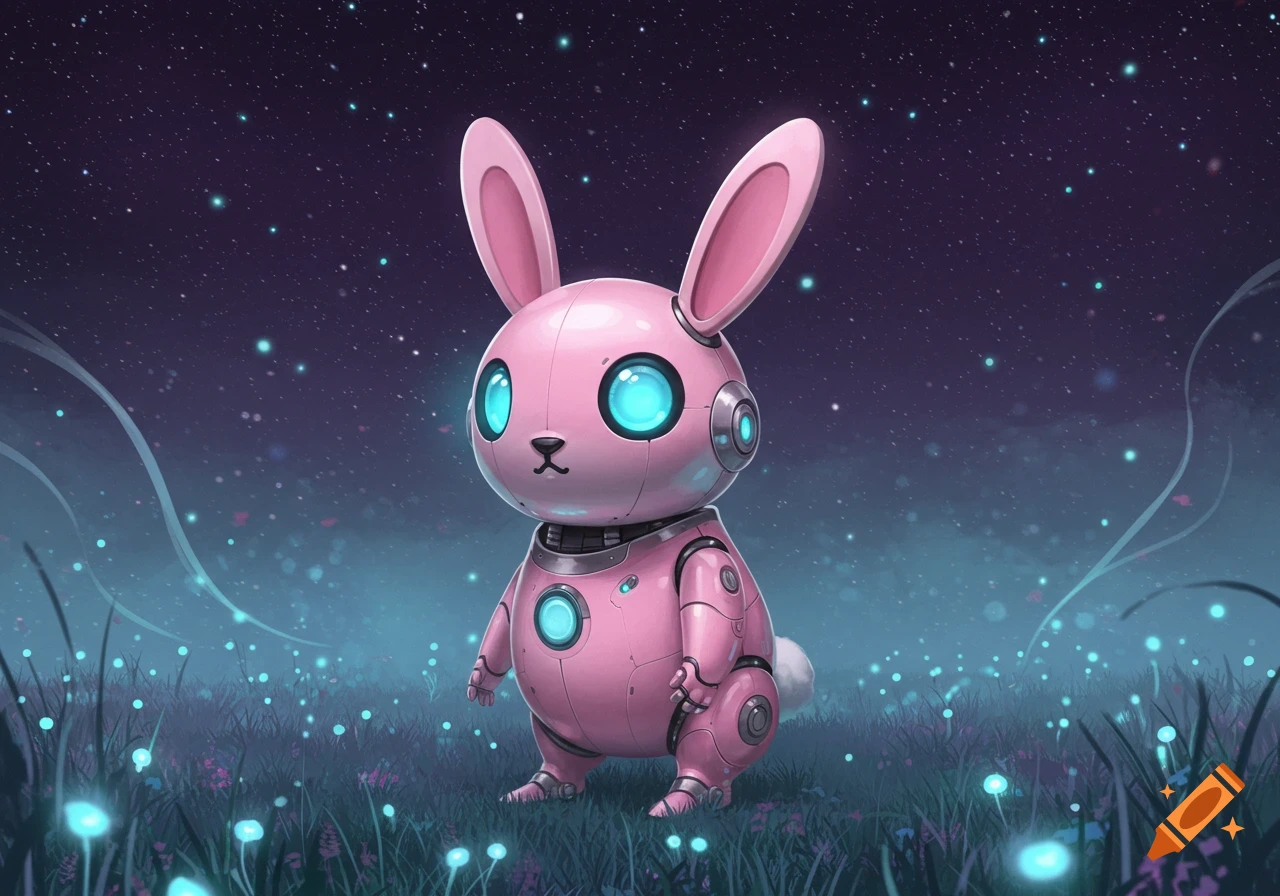 A cute pink robot bunny with glowing blue eyes stands in a field of glowing blue flowers under a starry night sky.