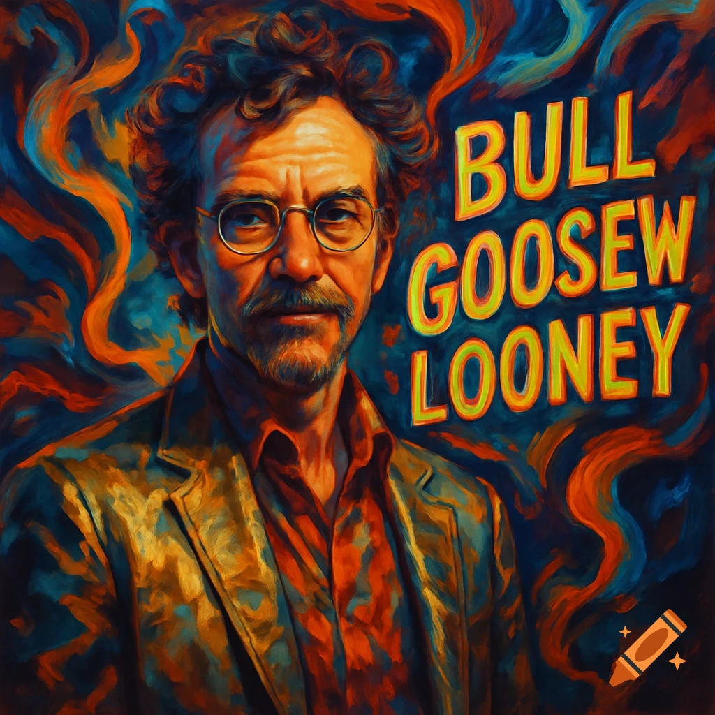 A vibrant, psychedelic painting of a man with curly hair and glasses, with 'BULL GOOSEW LOONEY' text.
