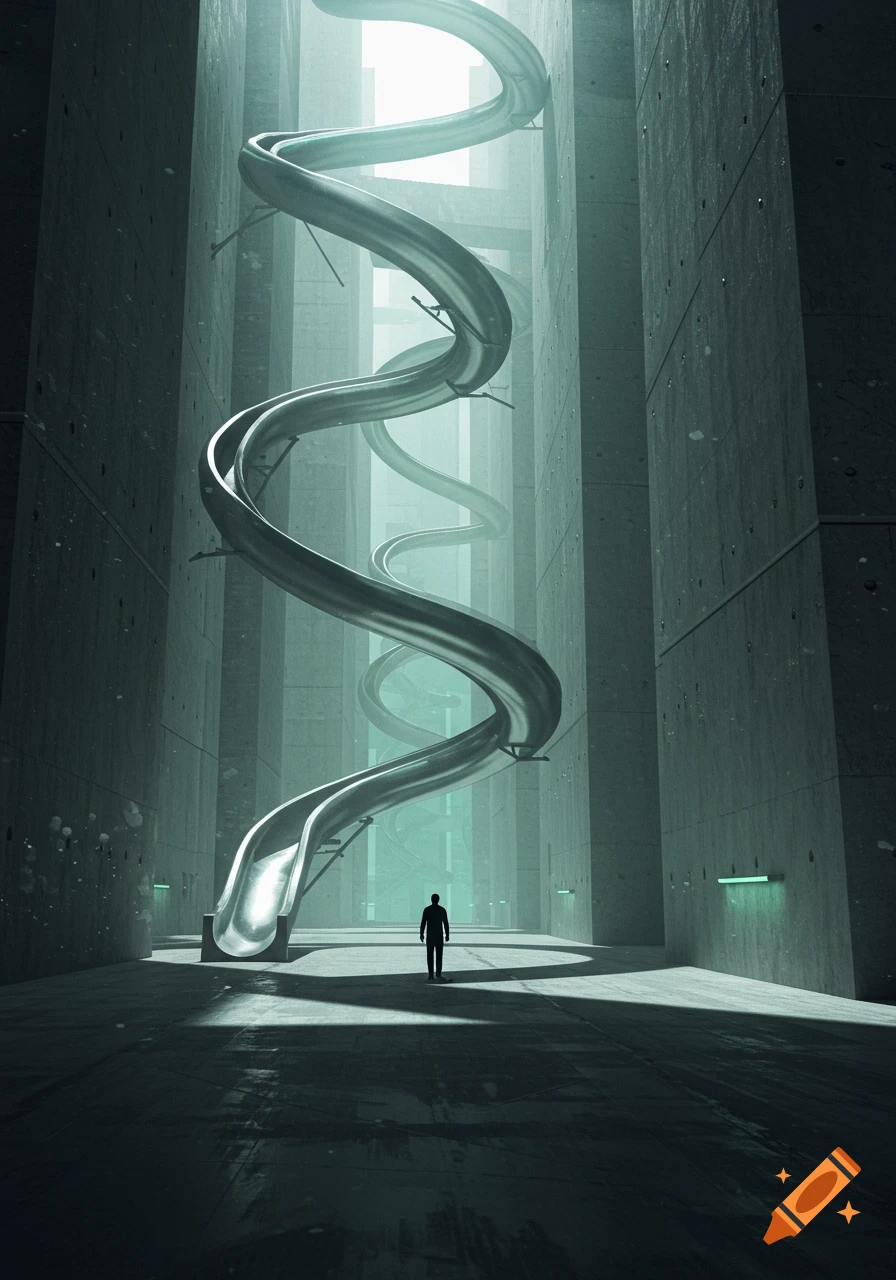 A lone figure stands in a vast, dark concrete corridor with tall, winding metal slides stretching into a bright, misty distance. Surreal architecture.
