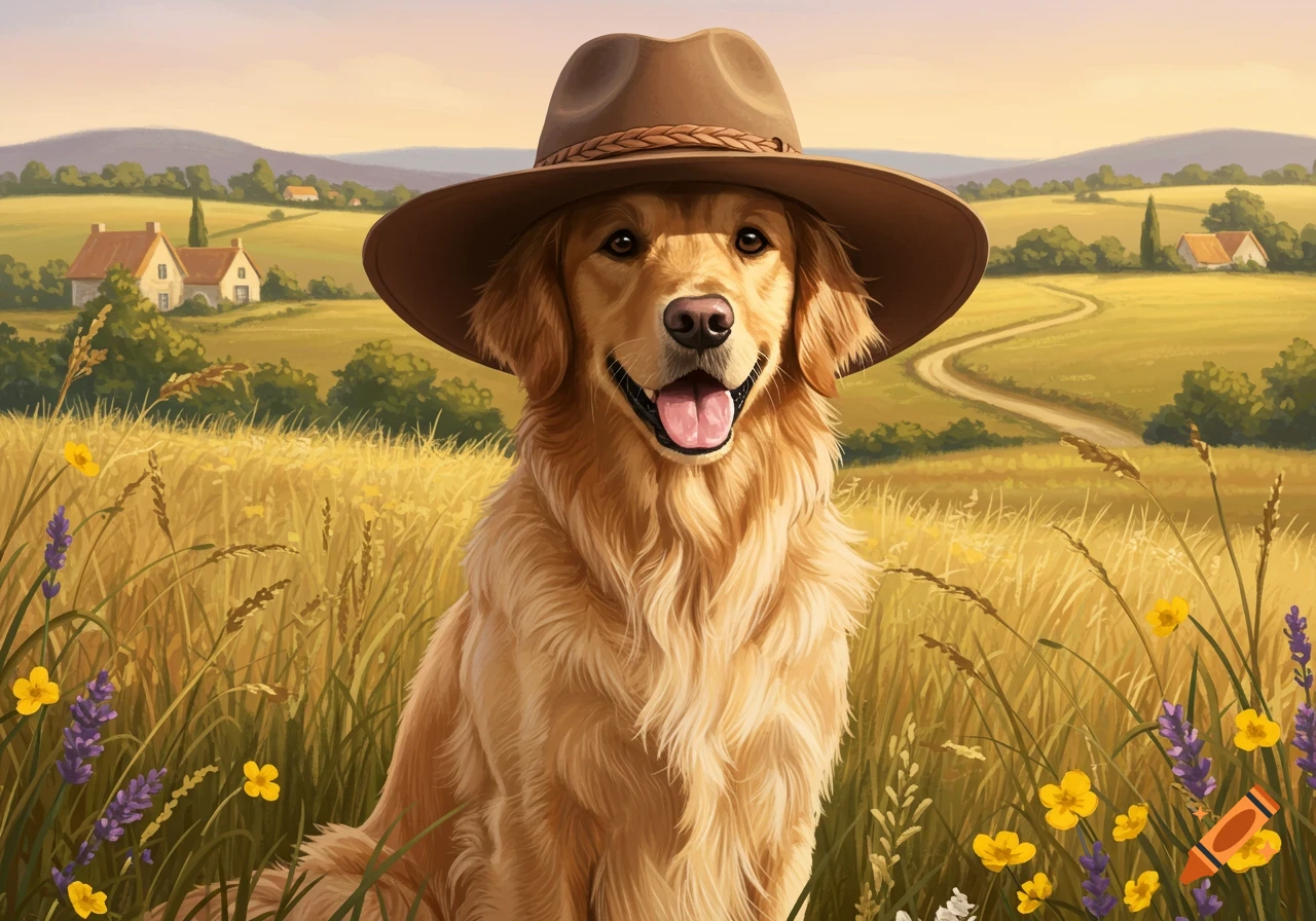 A golden retriever wearing a brown hat sits in a golden wheat field with wildflowers and a rural landscape.