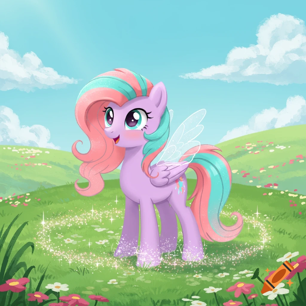 A cute cartoon lavender pony with pink and teal hair and sparkly wings stands in a green field with flowers under a blue sky.
