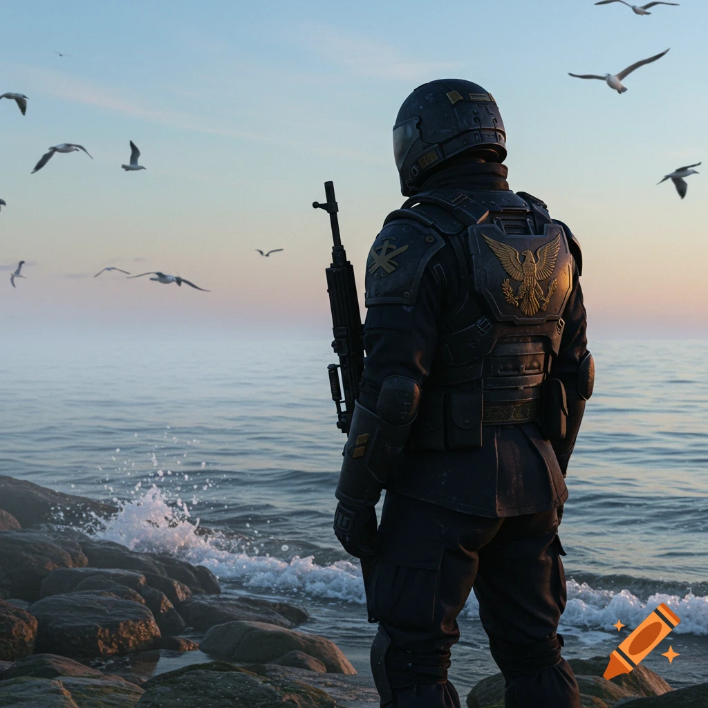 A soldier in dark tactical gear stands on a rocky coastline, gazing at the ocean as gulls fly overhead at sunrise.