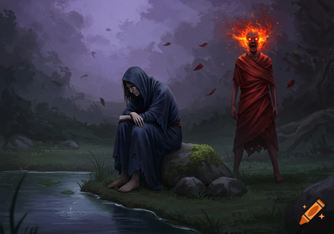 A sad, hooded figure sits by a pond while an enraged figure with a fiery head stands behind them in a dark, misty fantasy landscape.