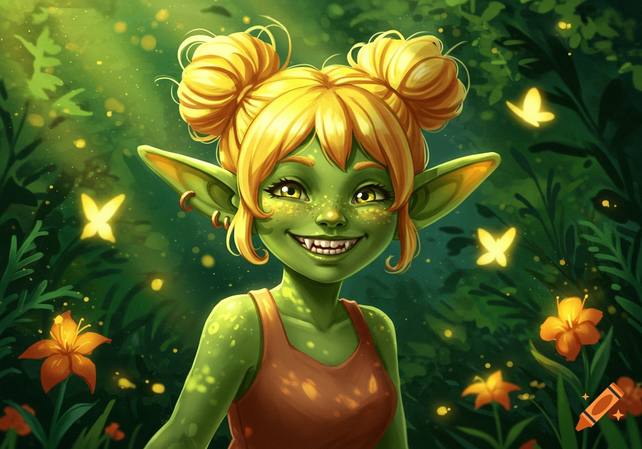 A cheerful green goblin girl with yellow hair buns, pointy ears, and freckles smiles in a magical forest with glowing butterflies.