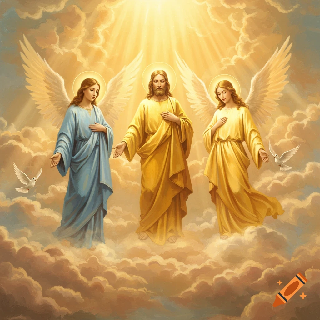 Jesus and two angels in flowing robes stand amidst golden clouds with light shining down, two white doves fly nearby.