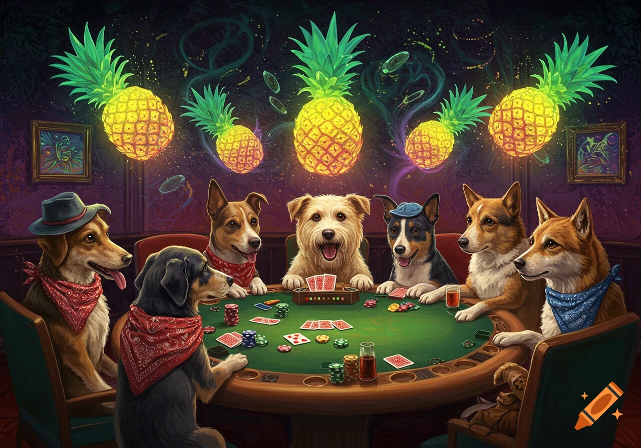 Dogs playing poker around a green table with chips and cards. Glowing pineapples float in a dark, trippy background.