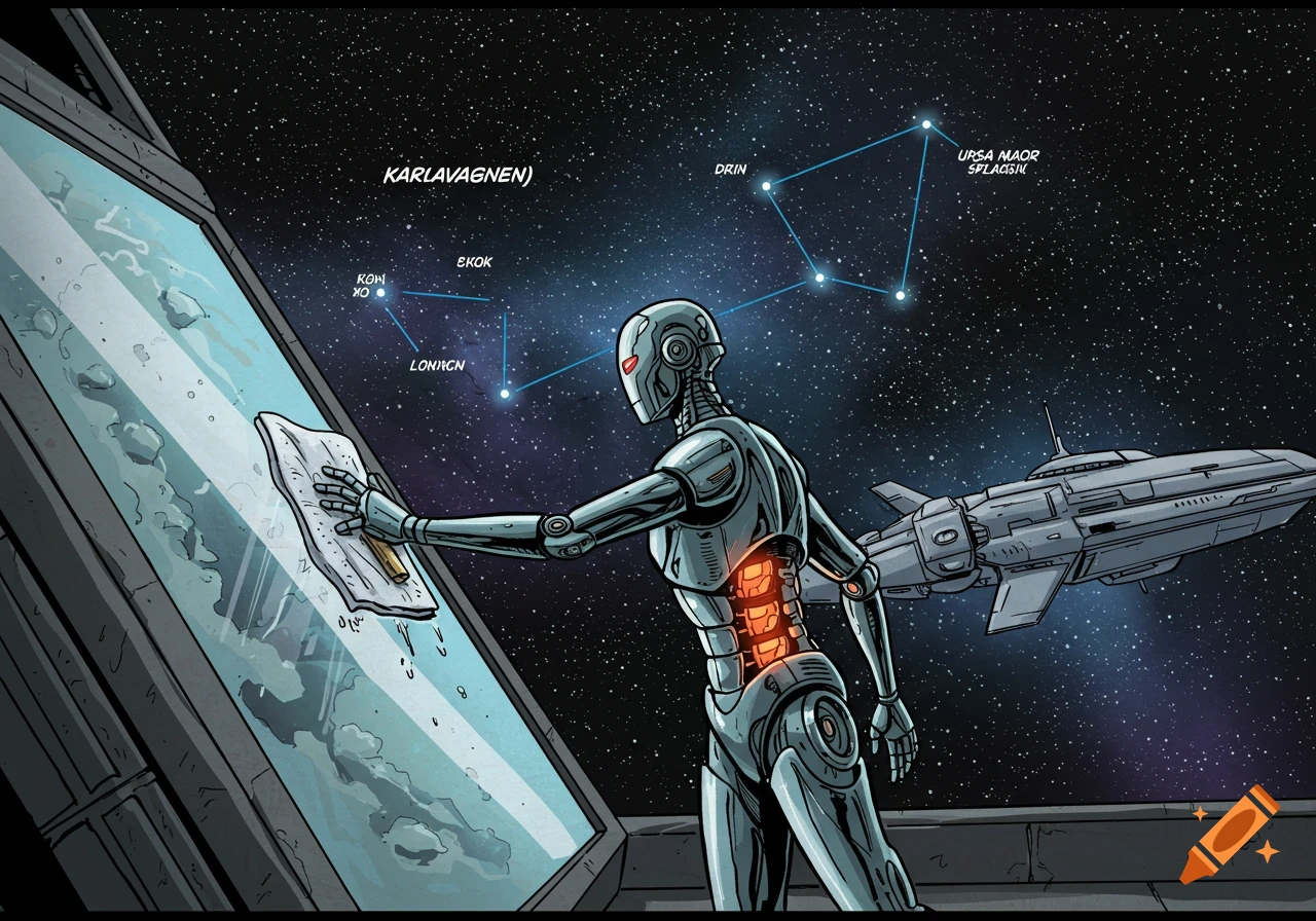 A robot in a comic book style cleans a large window on a spaceship, looking out into space with stars and constellations.