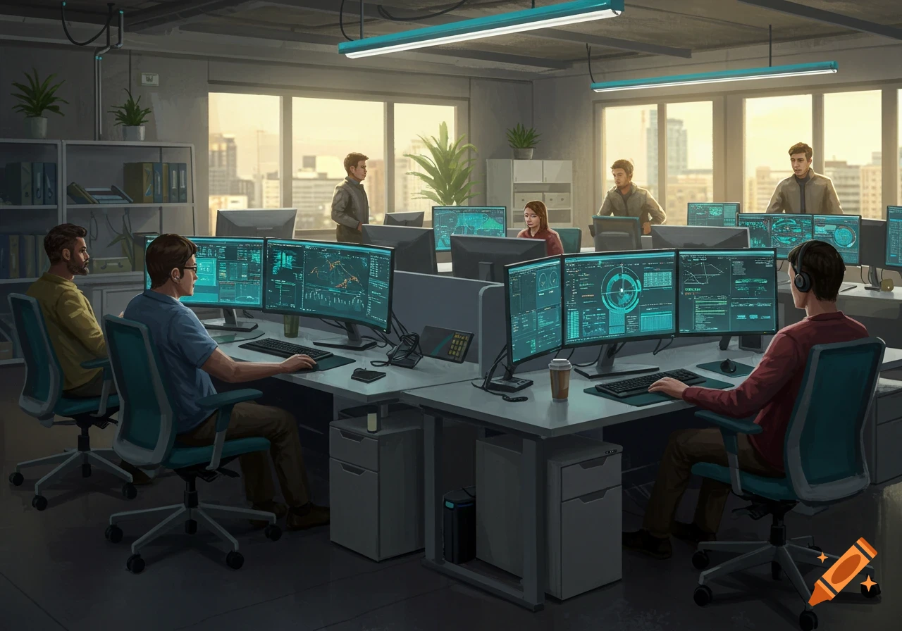 Stylized illustration of people working in a modern office with multiple computer screens displaying data.