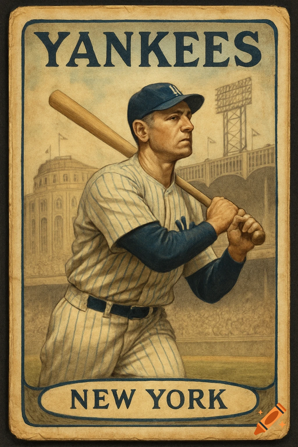 Vintage-style baseball card illustration of a New York Yankees player holding a bat, with Yankee Stadium in the background.