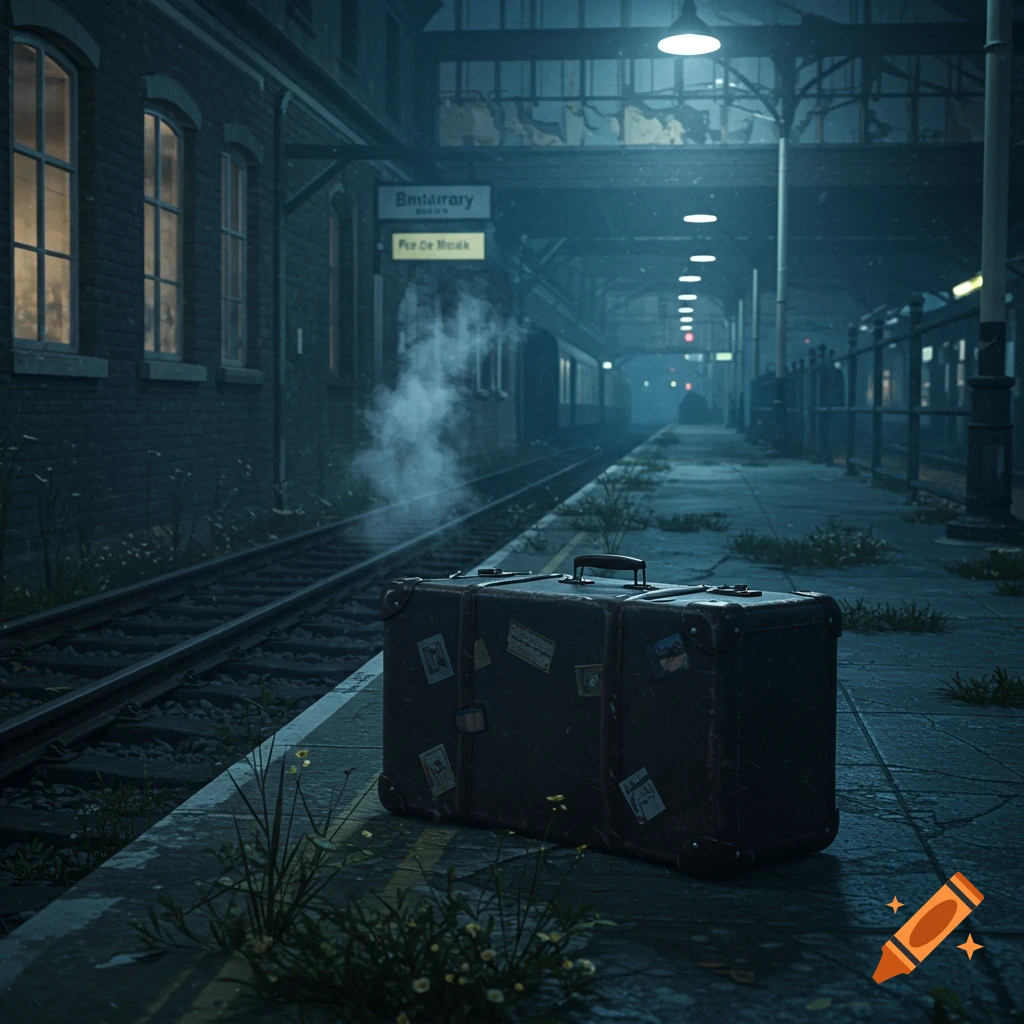 A dark, moody scene of a lone, sticker-covered suitcase sitting on a wet platform at an abandoned train station.