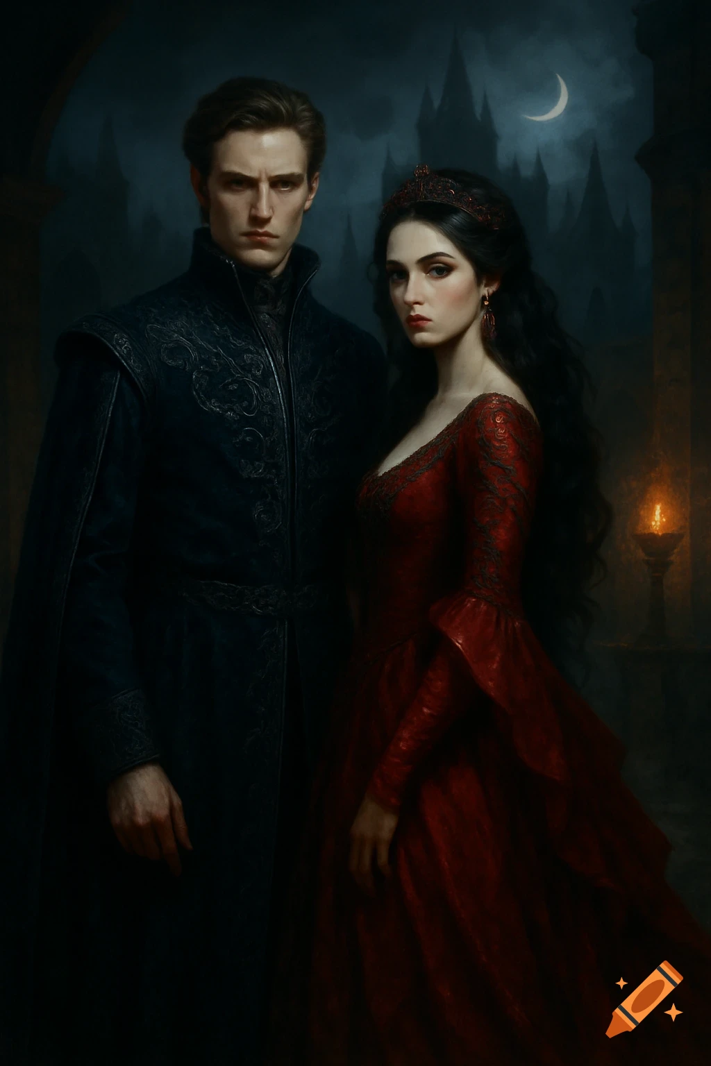 A stern man in a dark regal coat and a woman in a red gown with a tiara stand before a gothic castle under a crescent moon.