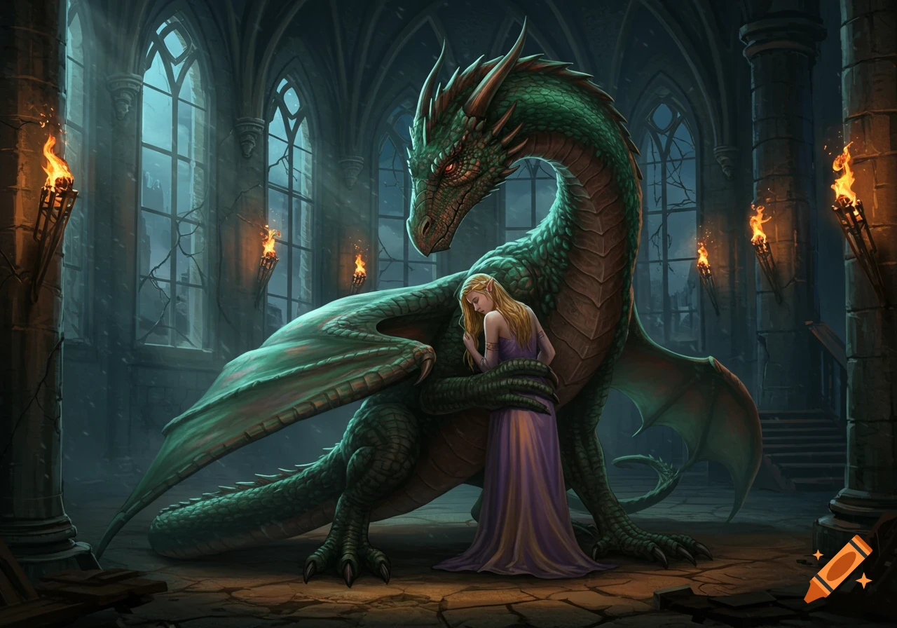 A majestic green dragon comforts a blonde woman in a purple dress within an ancient castle.