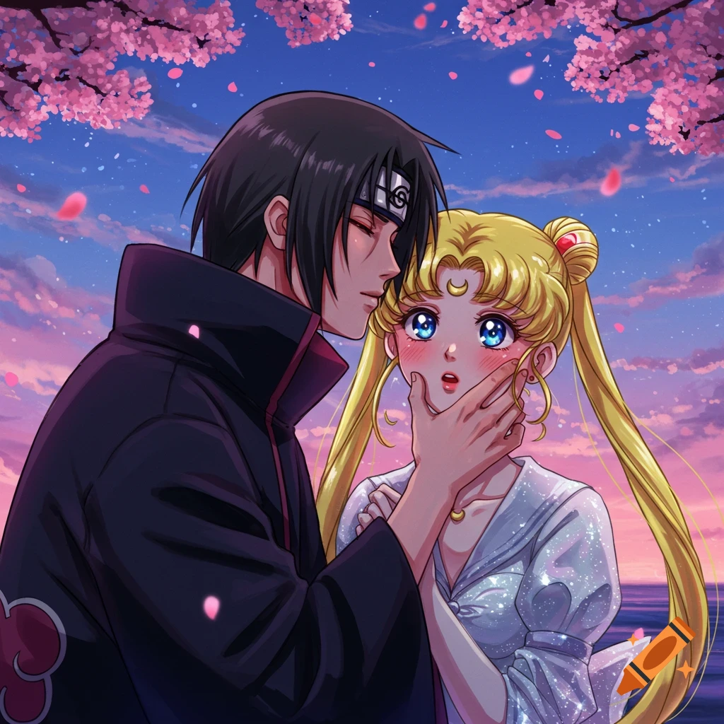 Anime characters Itachi Uchiha from Naruto and Usagi Tsukino from Sailor Moon embrace under pink cherry blossoms at sunset, with Itachi kissing Usagi's cheek.