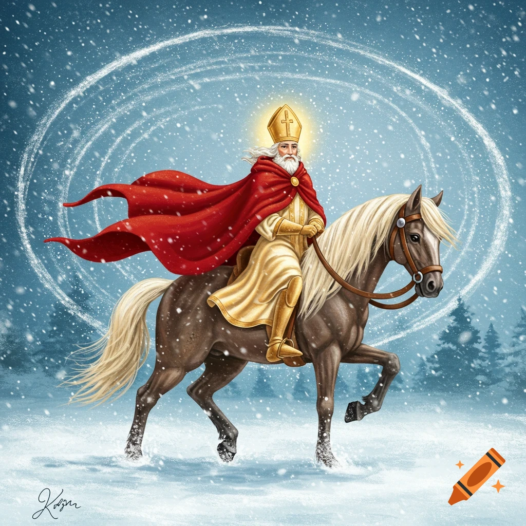 Illustrated Saint Martin with a halo, red cloak, and golden robes, riding a horse through a snowy, windy landscape.