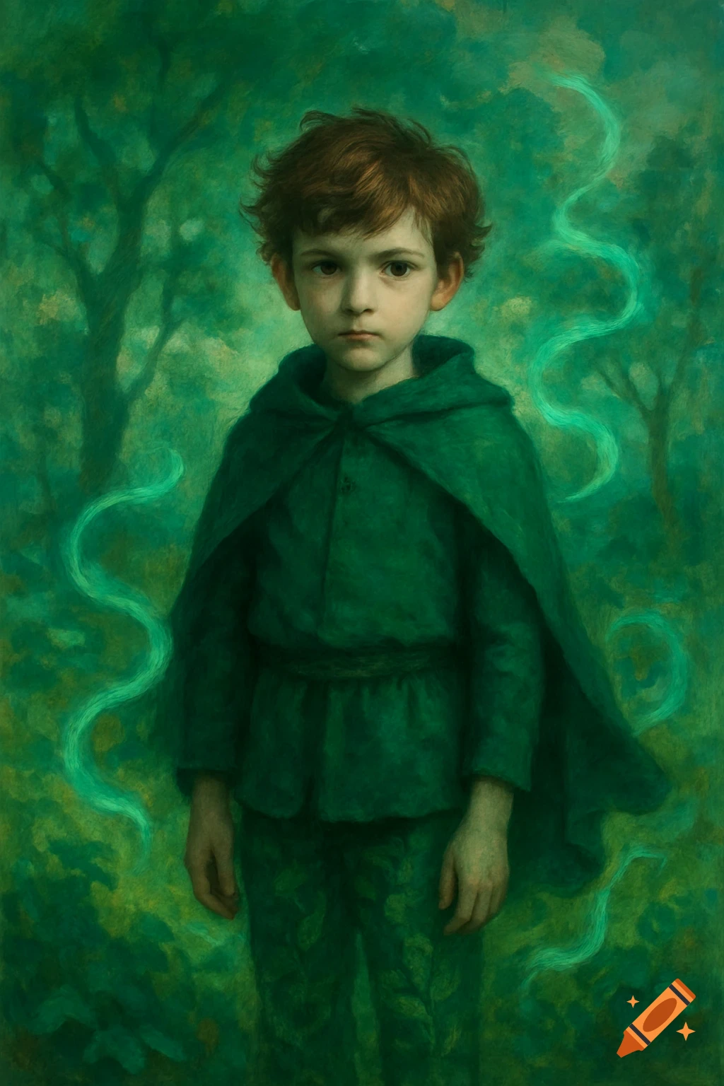 A young boy with reddish-brown hair in a green cape stands in a painterly, lush green forest with glowing green wisps.