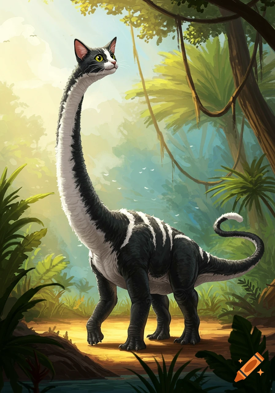A long-necked dinosaur with a black and white cat head and fur, standing in a lush, green jungle environment.