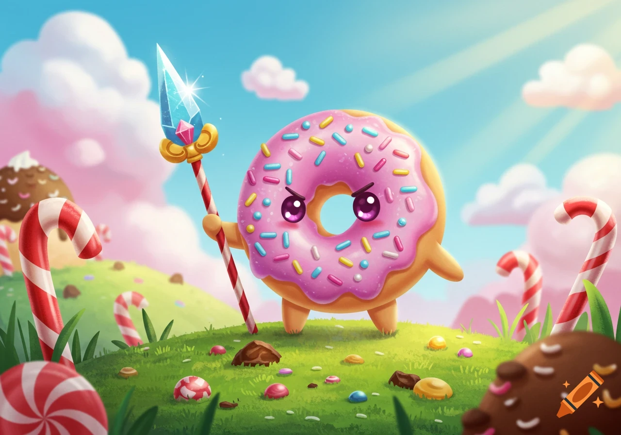 A cute pink donut character with sprinkles and an angry face holds a crystal-tipped spear in a whimsical candy land.