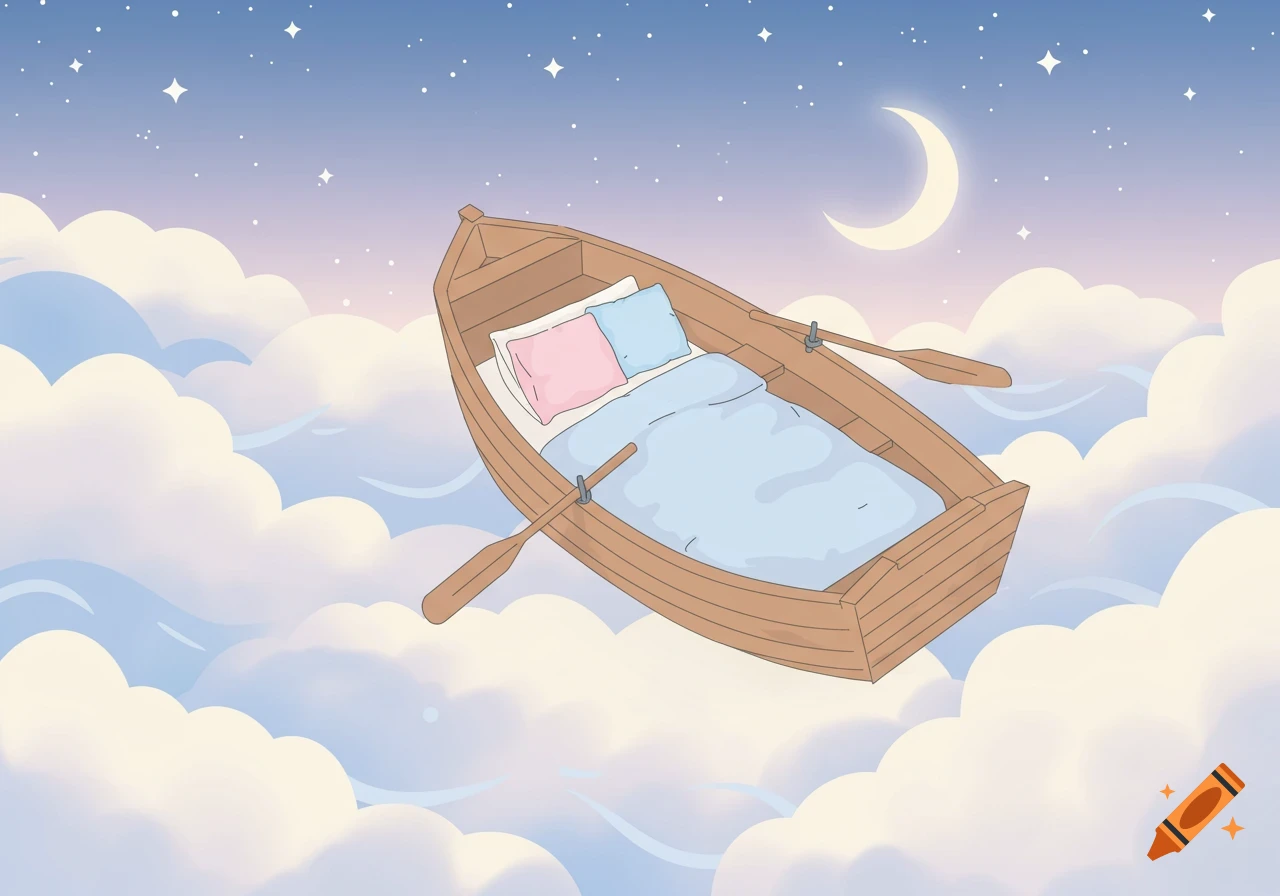 Dreamy vector illustration of a wooden rowboat bed floating in clouds under a starry night sky with a crescent moon.