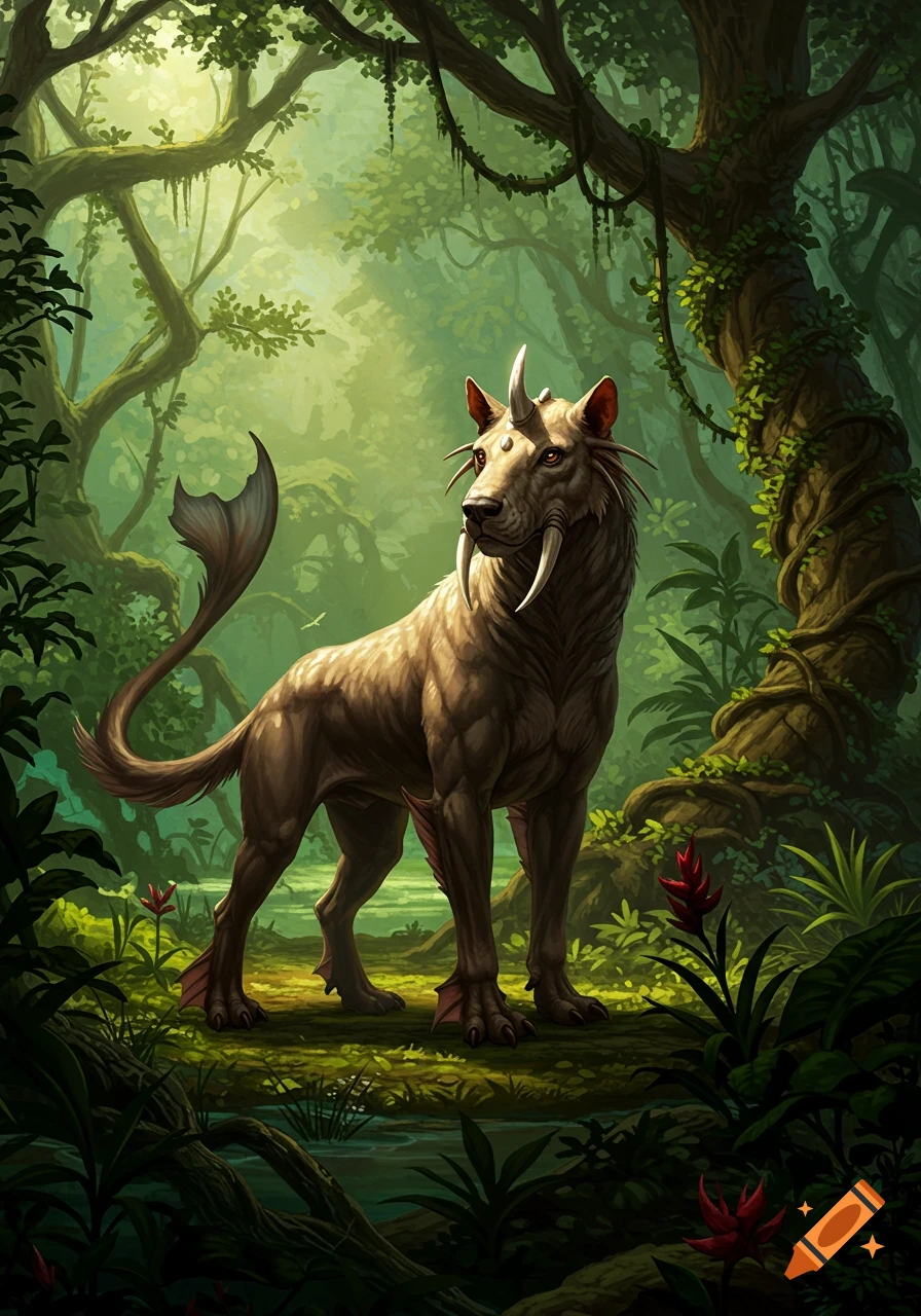 A fantasy creature, resembling a powerful sabertooth-like dog with a horn, tusks, webbed feet, and a fish tail, stands in a lush, green jungle.