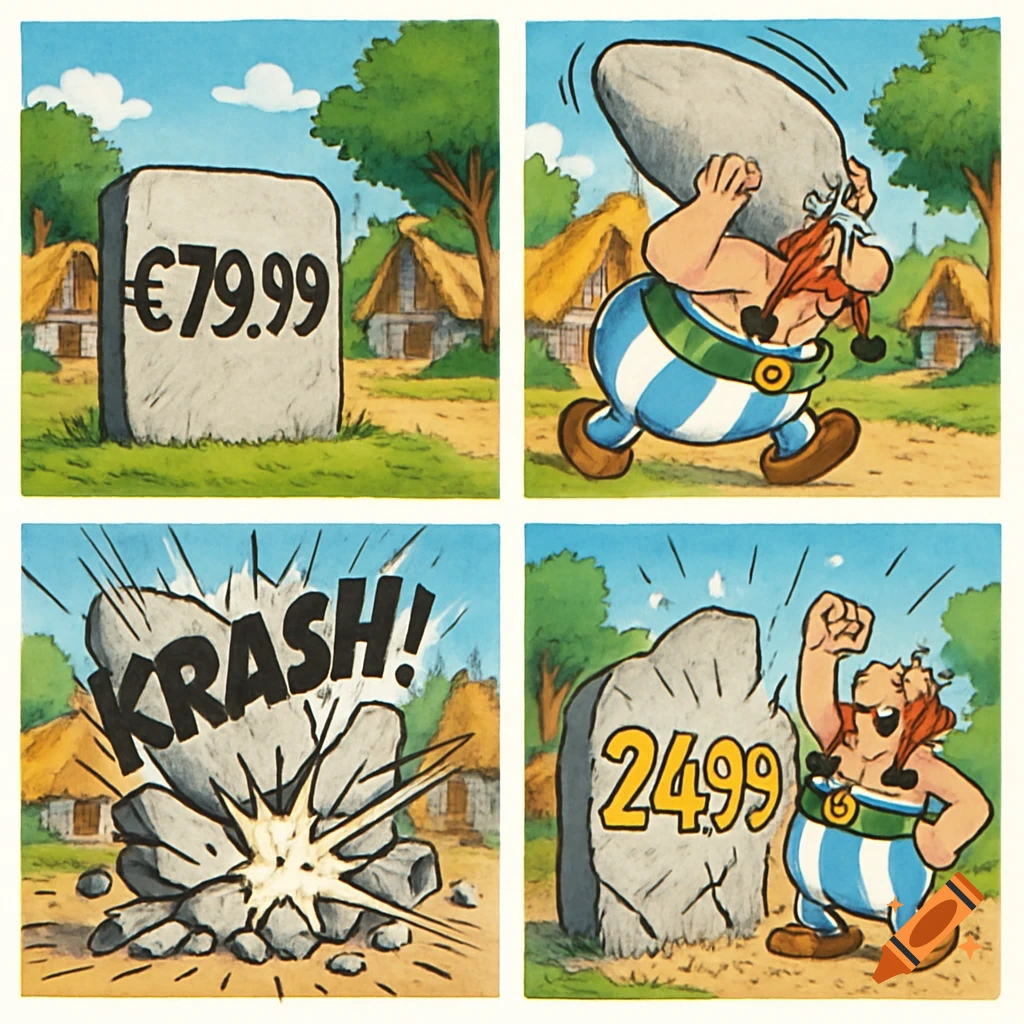 A four-panel comic strip in Asterix & Obelix style. Obelix smashes a stone slab showing '€79.99', revealing a new price of '2499'.