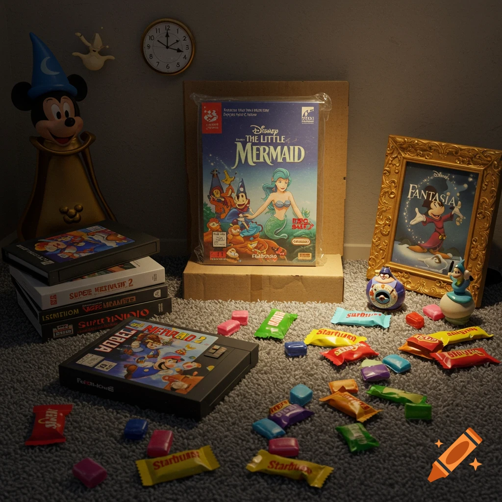 A still life photo of Disney-themed items, including a Sorcerer Mickey statue, a framed Fantasia picture, a clock, and various NES games like The Little Mermaid. Starburst candies are scattered on a carpeted floor.