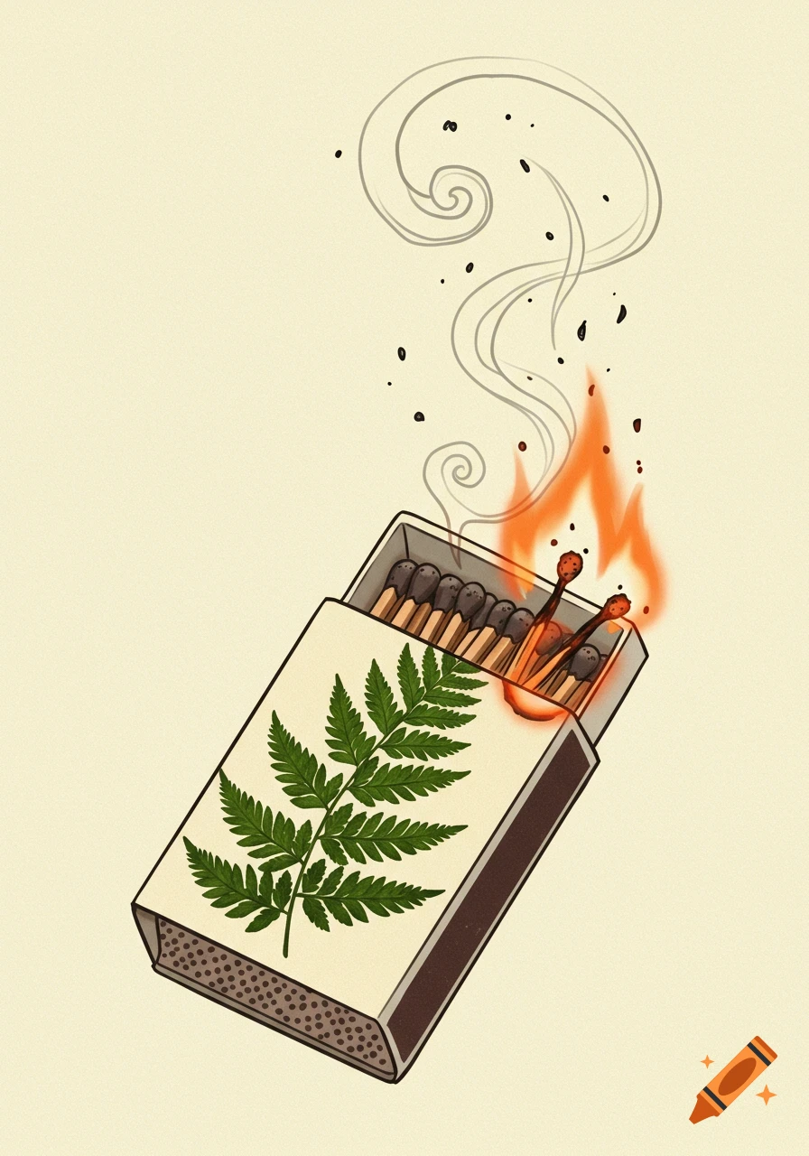 Stylized illustration of a matchbox with a fern design on its cover, with two matches burning inside and smoke rising.