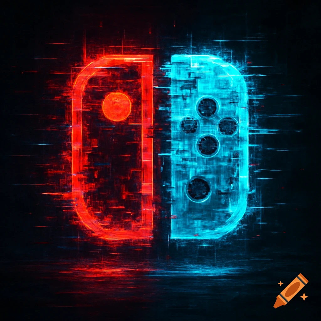 A glitchy, neon red and blue Nintendo Switch logo on a dark background.