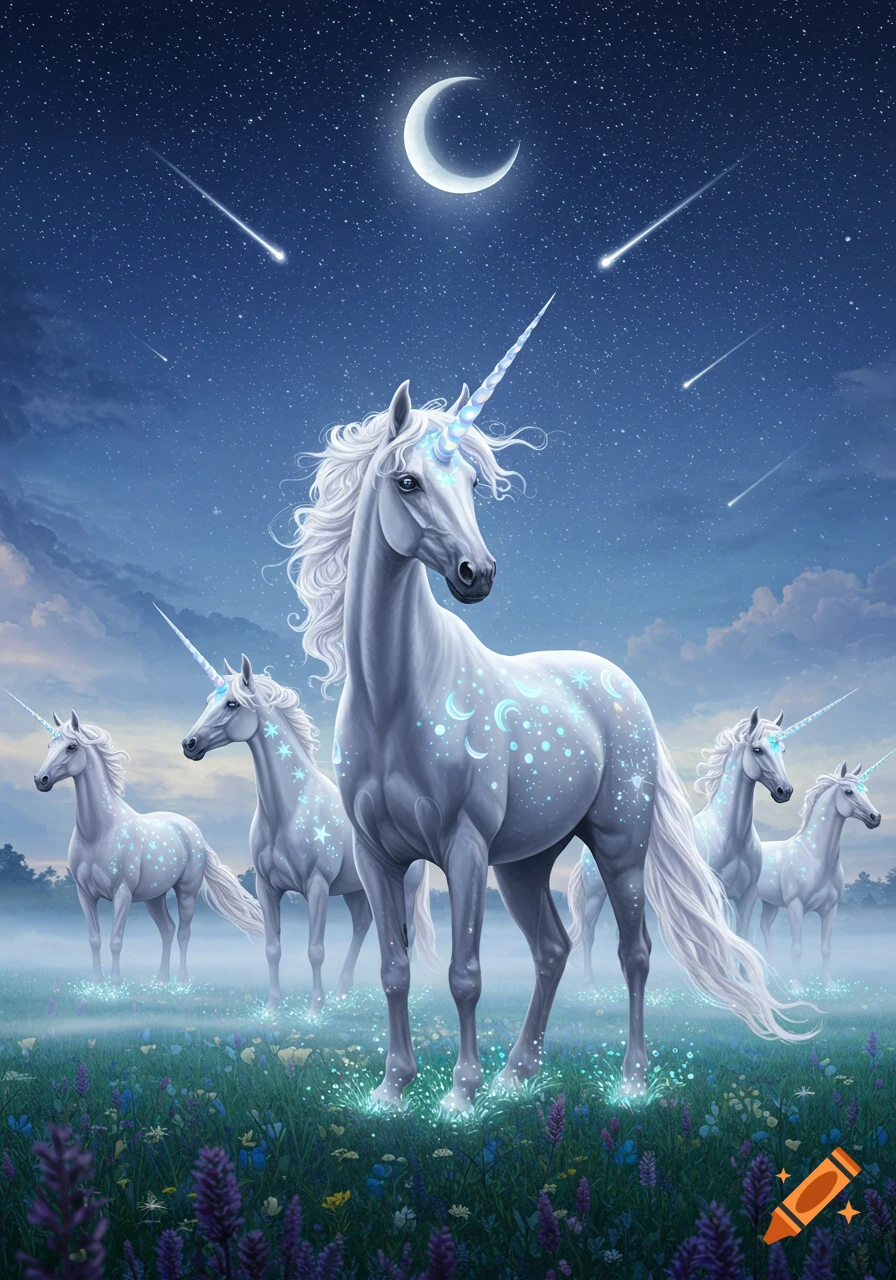 A herd of white unicorns, adorned with glowing stars and moons, in a mystical field under a starry night with a crescent moon and shooting stars.