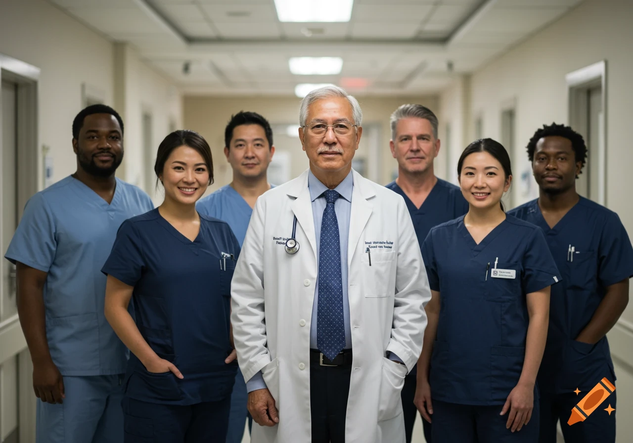 A diverse group of healthcare professionals, including a senior doctor in a white coat, stand smiling in a hospital hallway.