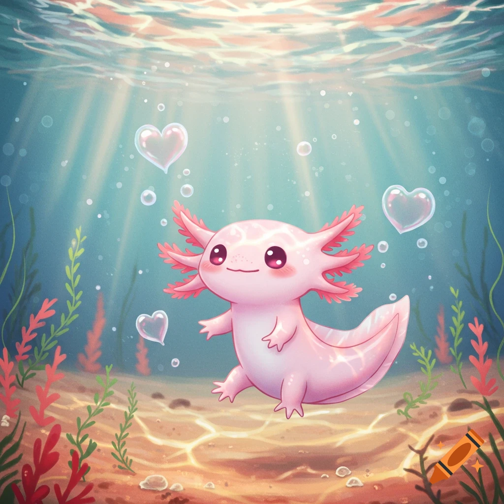 A cute, pink, cartoon axolotl swims underwater with heart-shaped bubbles and sunbeams.