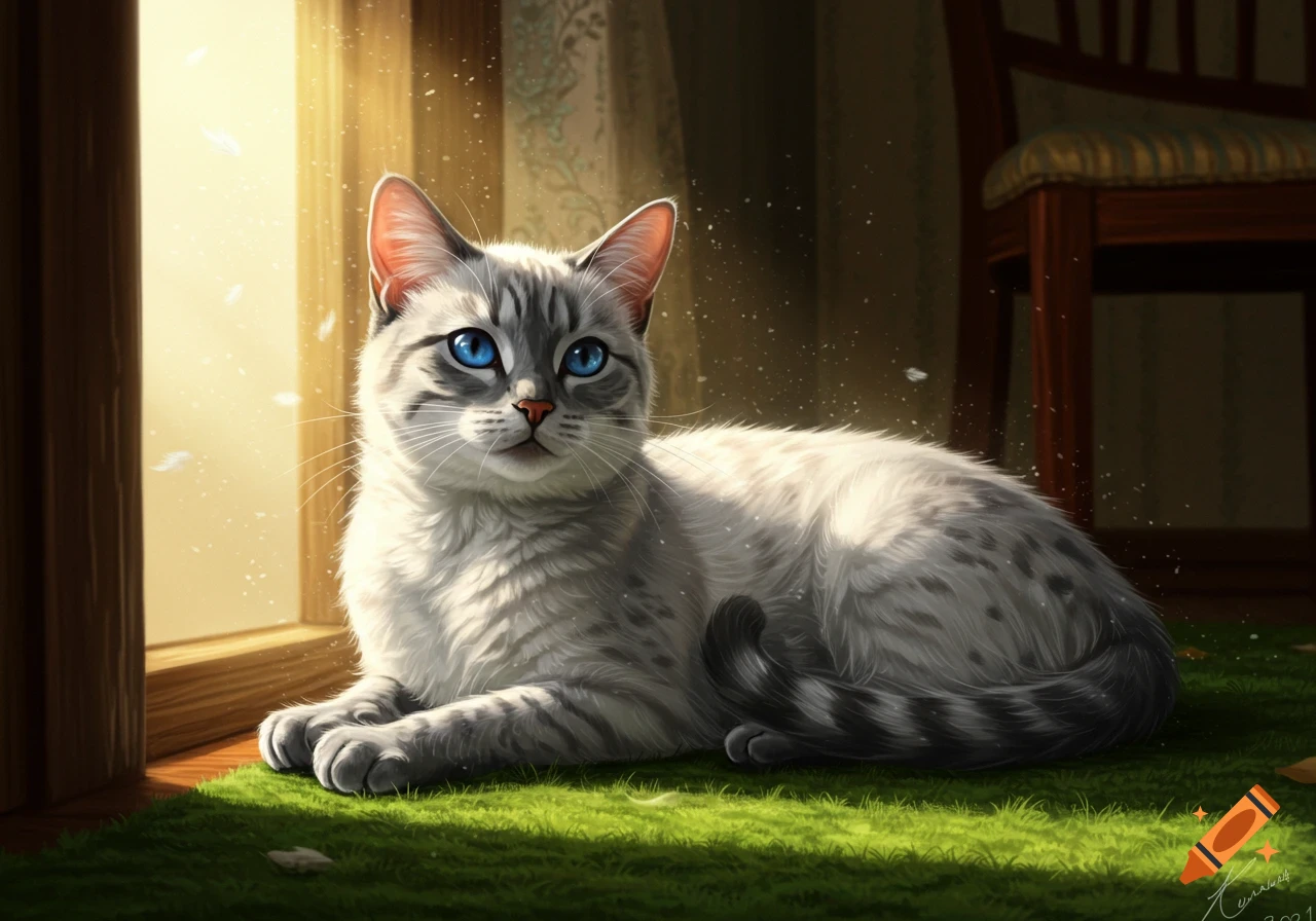 A light gray tabby cat with bright blue eyes lies on a green rug by a sunlit window, rendered in a digital art style.