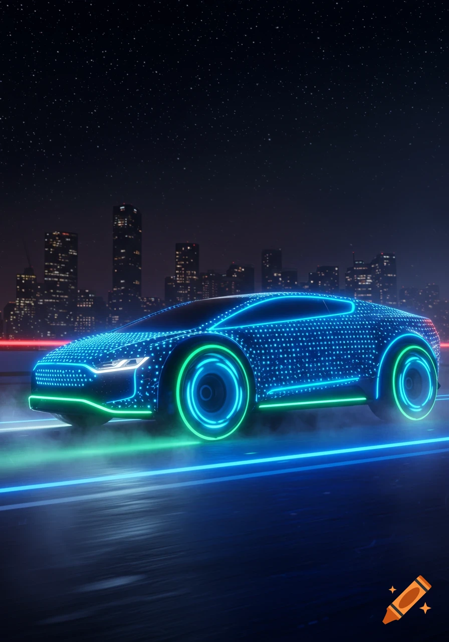 A futuristic blue and green neon-lit car speeds on a dark road at night, with a distant city skyline and starry sky.