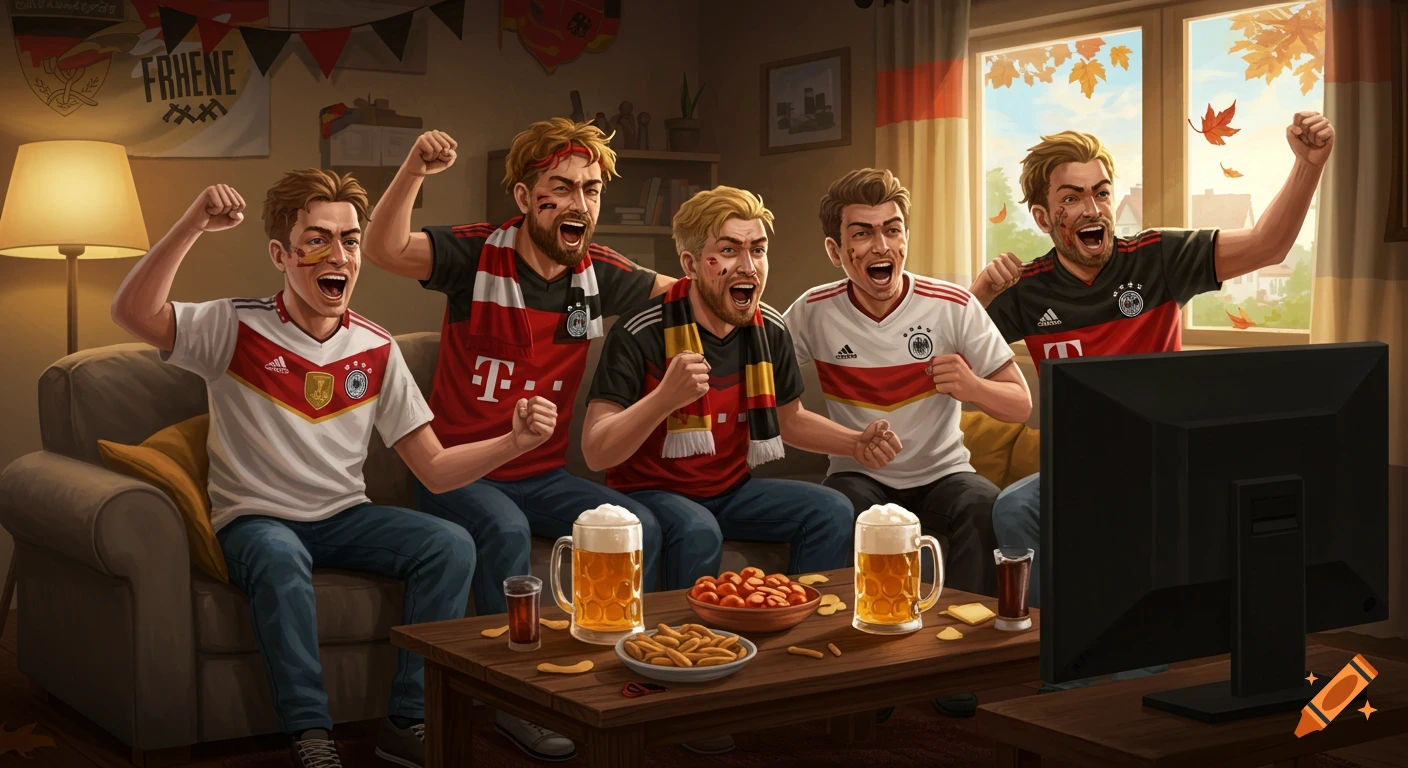 Five excited men in German football jerseys celebrate watching a game on TV, with beer and snacks.