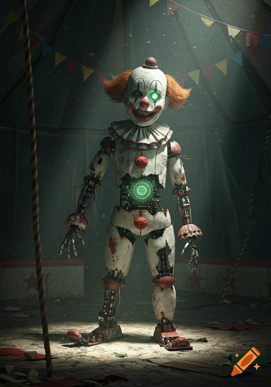 Creepy, broken mechanical clown with glowing green eyes standing in a dim, dusty circus tent.