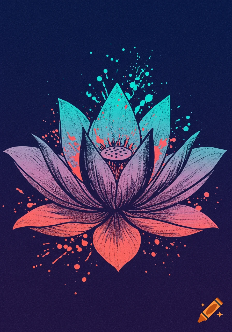 Abstract stippled lotus flower with vibrant teal, pink, and orange petals and paint splatters on a dark background.