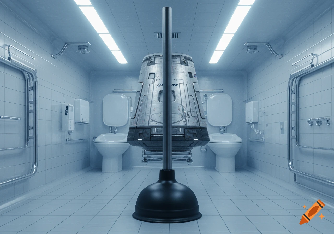 A photorealistic Boeing Starliner capsule forms a giant toilet plunger in a brightly lit tiled public bathroom with multiple toilets and showers.