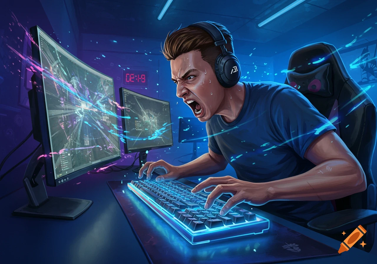 An illustration of a sweating man with headphones intensely playing a video game, shouting at two monitors with bright digital effects. The room is bathed in blue light.