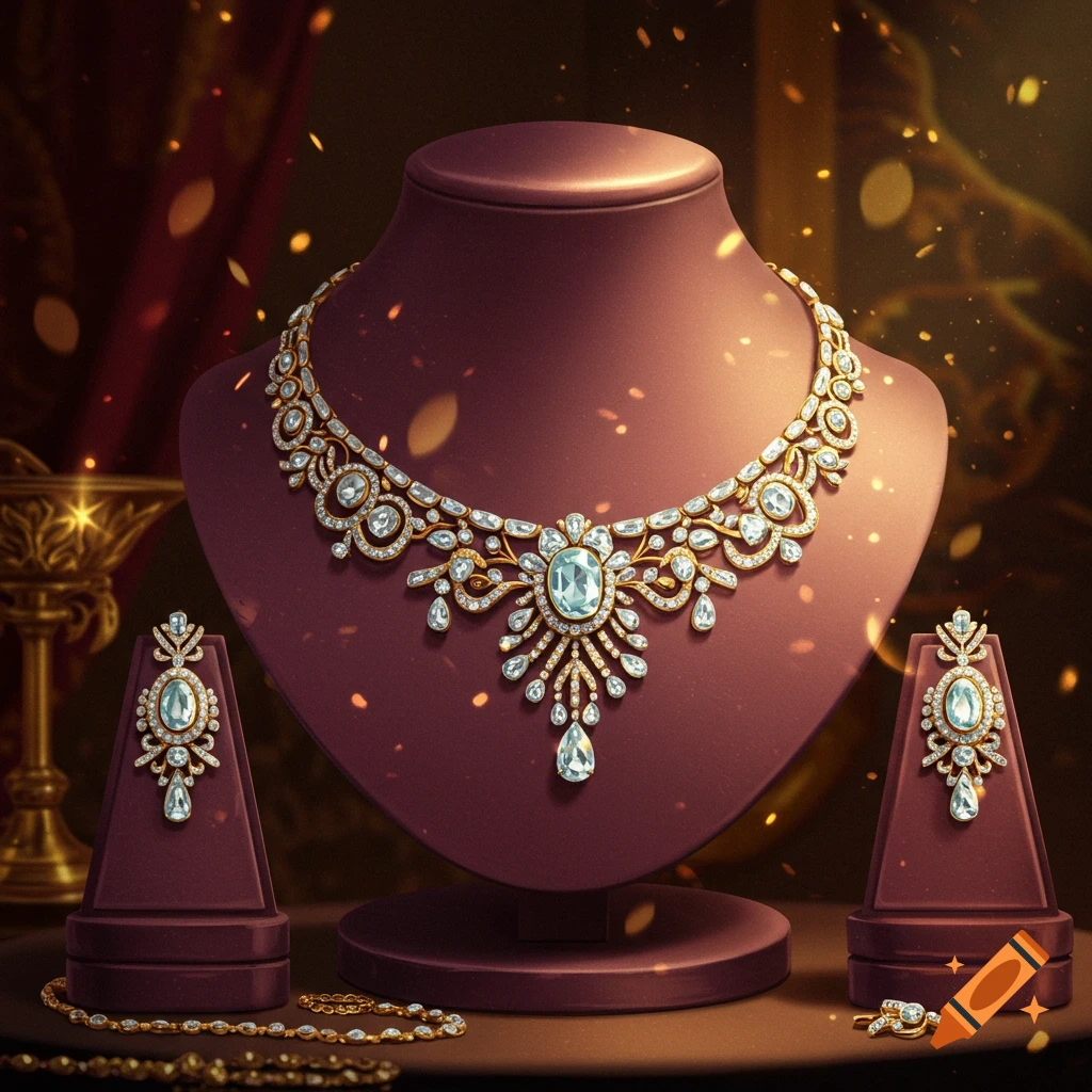 An ornate gold and diamond necklace, matching earrings, and a ring displayed on a dark red mannequin against a sparkling, regal background.