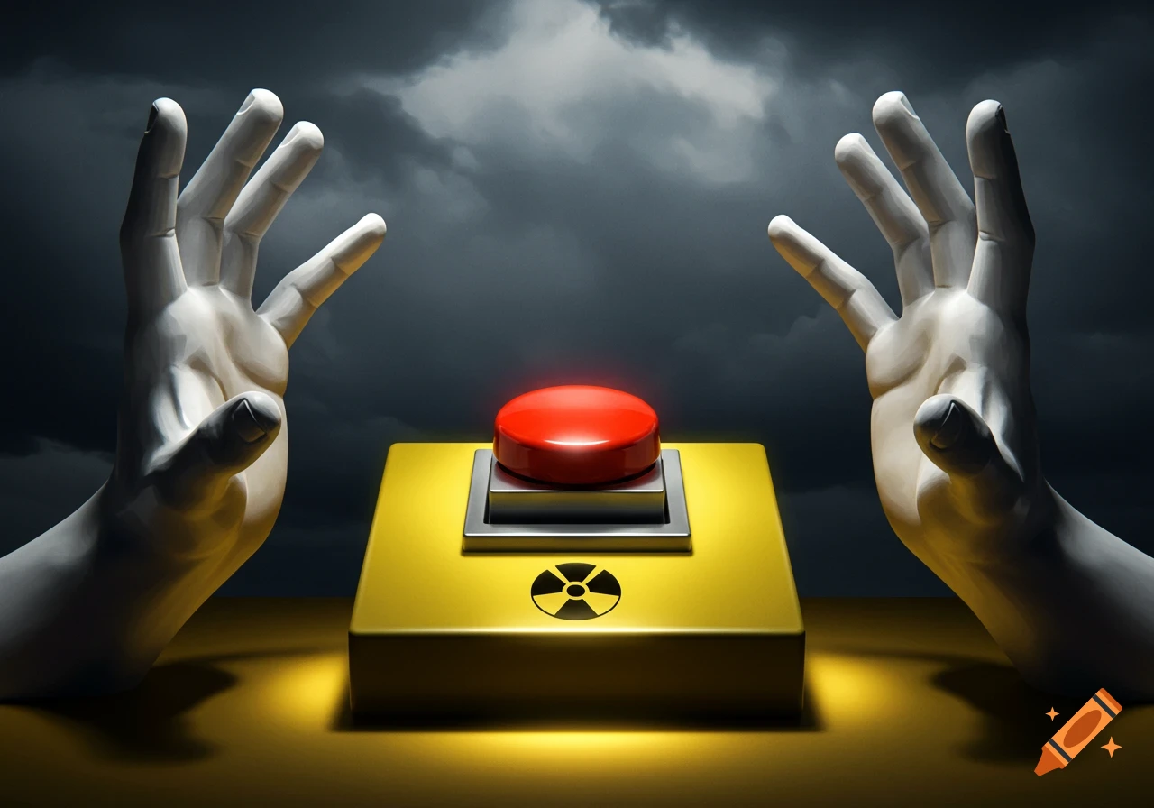 Two stylized white hands hover over a large red button with a nuclear symbol on a yellow base, set against a dramatic, stormy sky.