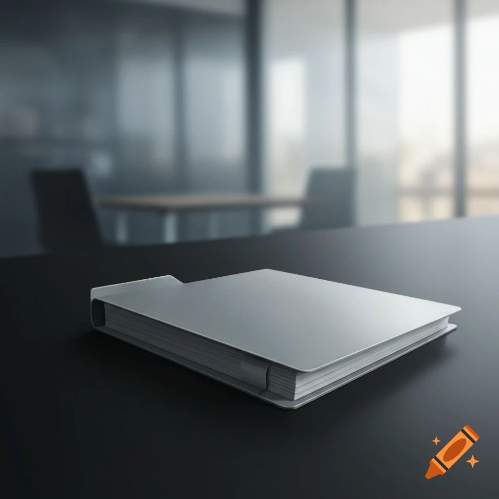 A grey folder with a tab lies on a dark desk in a blurred modern office setting.